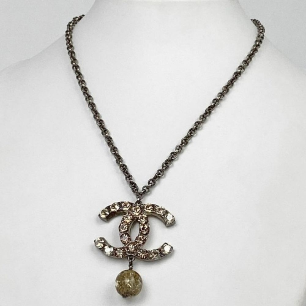 CHANEL 06  XL Champagne CC Crystal Dangle Pendant Necklace